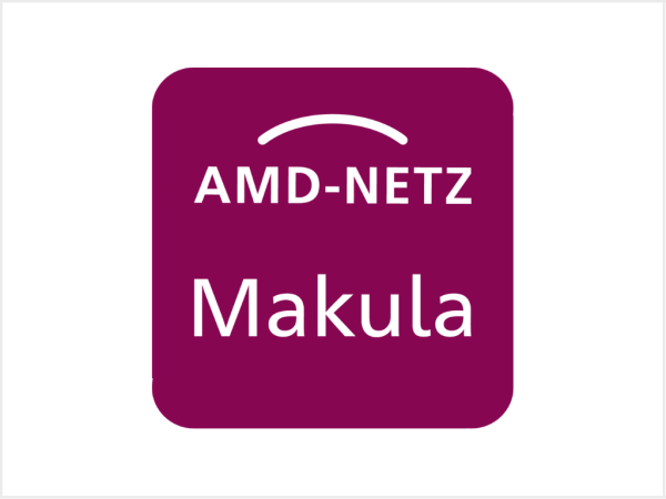 Icon "AMD-Netz Makula" in weißer Schrift auf berryfarbenem Quadrat