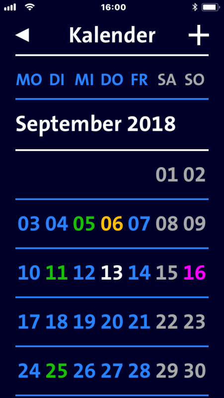 Screenshot Kalender in der Makula App