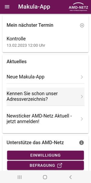 Screenshot Makula-App Startseite